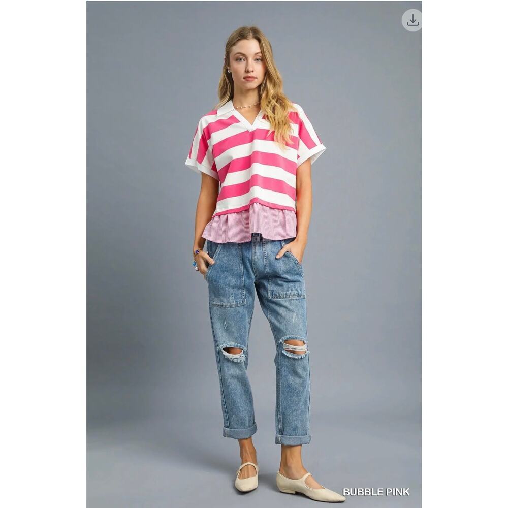 Umgee - Chic Contrast Stripe Collared Top - Small - Picture 1 of 6